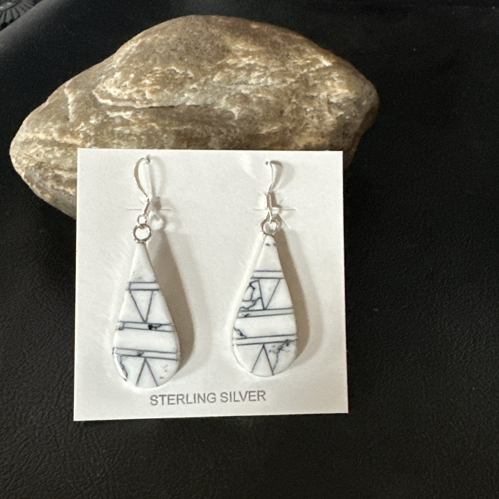 White Howlite Dangle Inlay Navajo Sterling Silver Earrings 19264