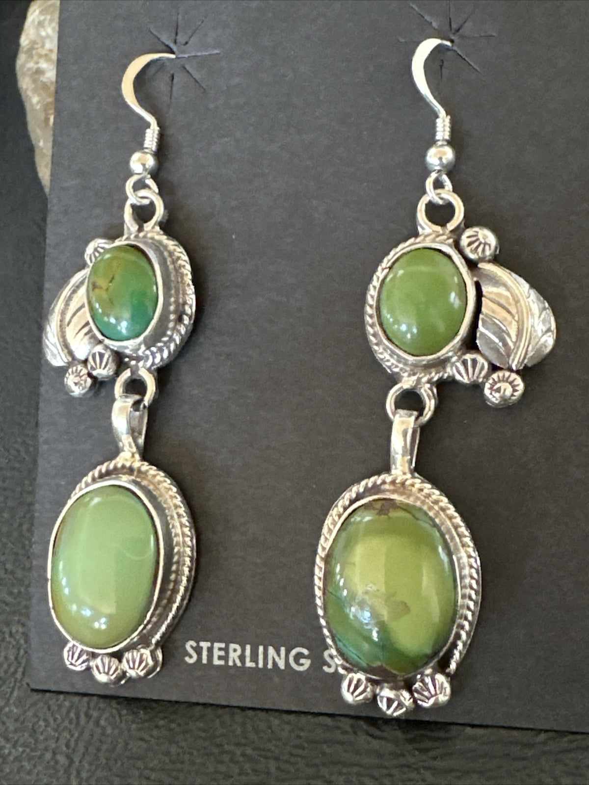 Native Navajo Green Turquoise Sterling Silver Dangle Earrings 2” 17697