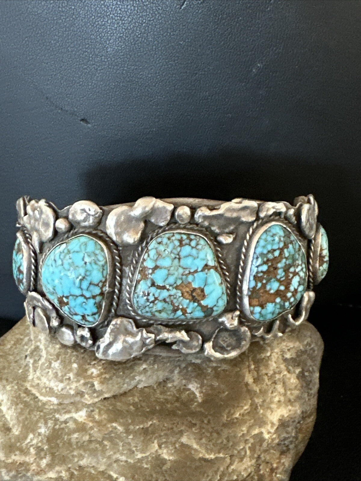 XL Blue Kingman Turquoise Old Pawn 5S Navajo Sterling Silver Cuff Bracelet 18144
