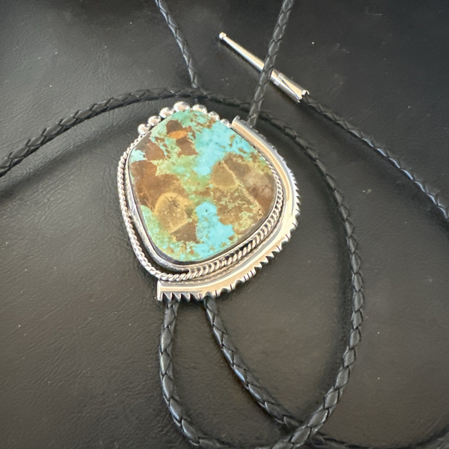 Native Mens Blue Green Royston Turquoise Bolo Tie Sterling Silver Navajo 19752