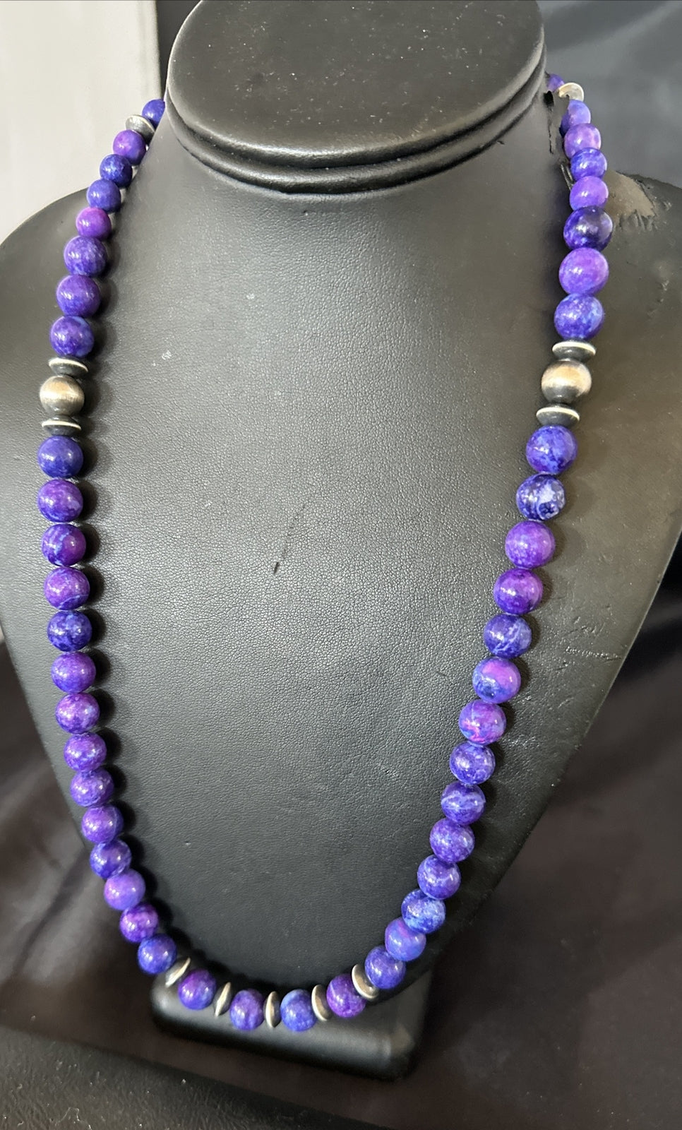 10mm Royal  Purple Stone Bead Navajo Sterling Silver Necklace 24” 17922