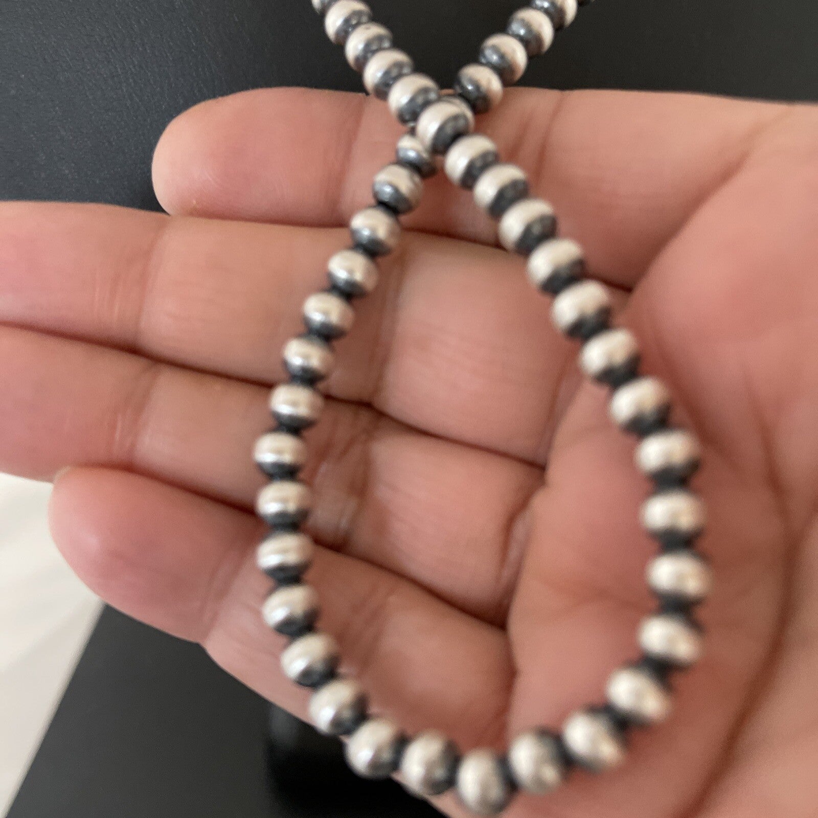 Native American 5mm Sterling Silver Beads Navajo 18" Hook & Eye Cone Necklace
