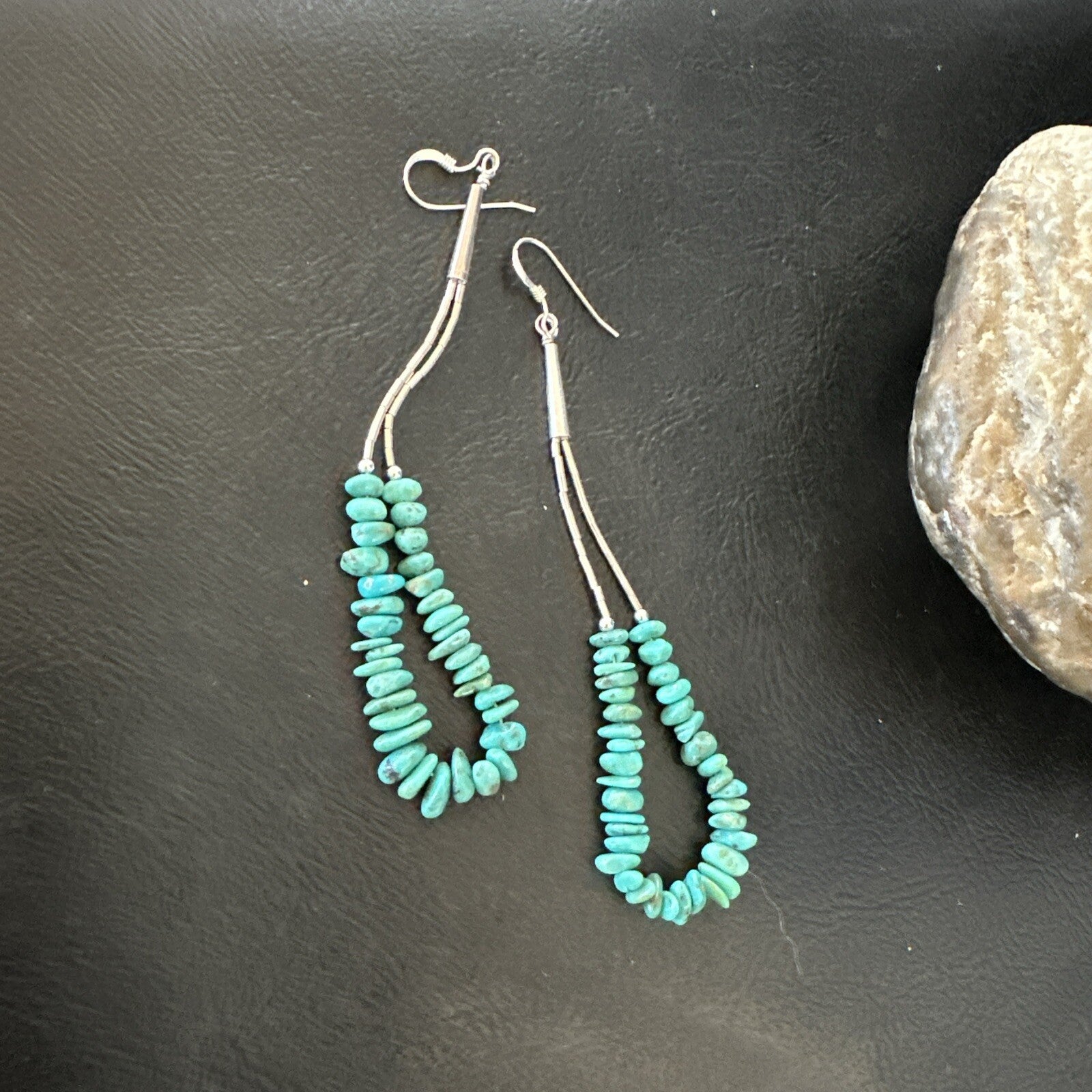 Long Blue Turquoise Nugget Bead Sterling Silver Beads Navajo Earrings 3” 18096