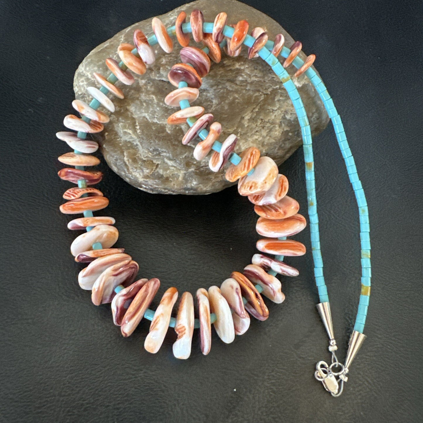 Orange Spiny Oyster Turquoise Navajo Pearls Sterling Silver Necklace 23" 18065