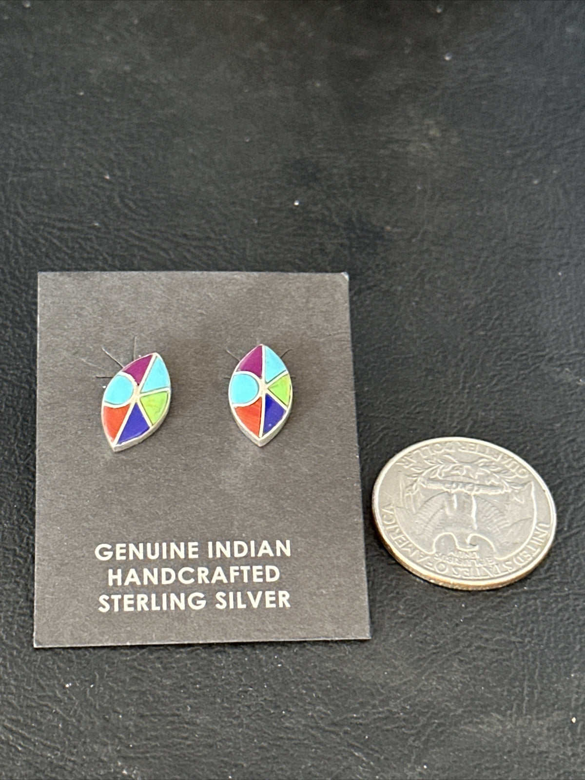Blue Turquoise & Spiny Oyster Navajo Sterling Silver Inlay Earrings 0.5" 14767