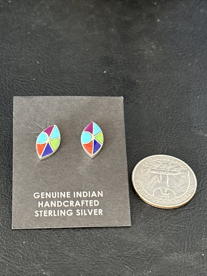 Blue Turquoise & Spiny Oyster Navajo Sterling Silver Inlay Earrings 0.5" 14767