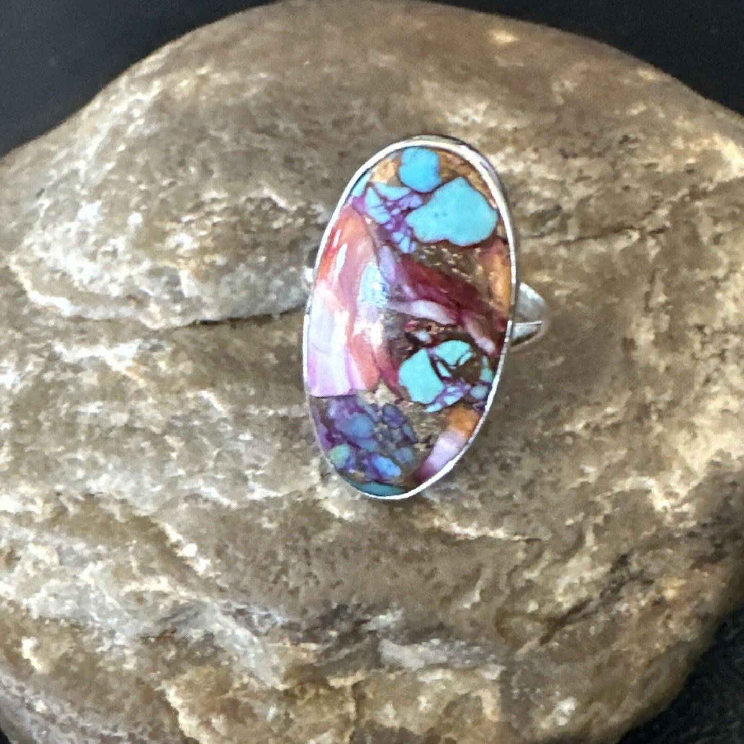 Blue Turquoise Spiny Oyster Southwestern Sterling Silver Ring Size 8 18428