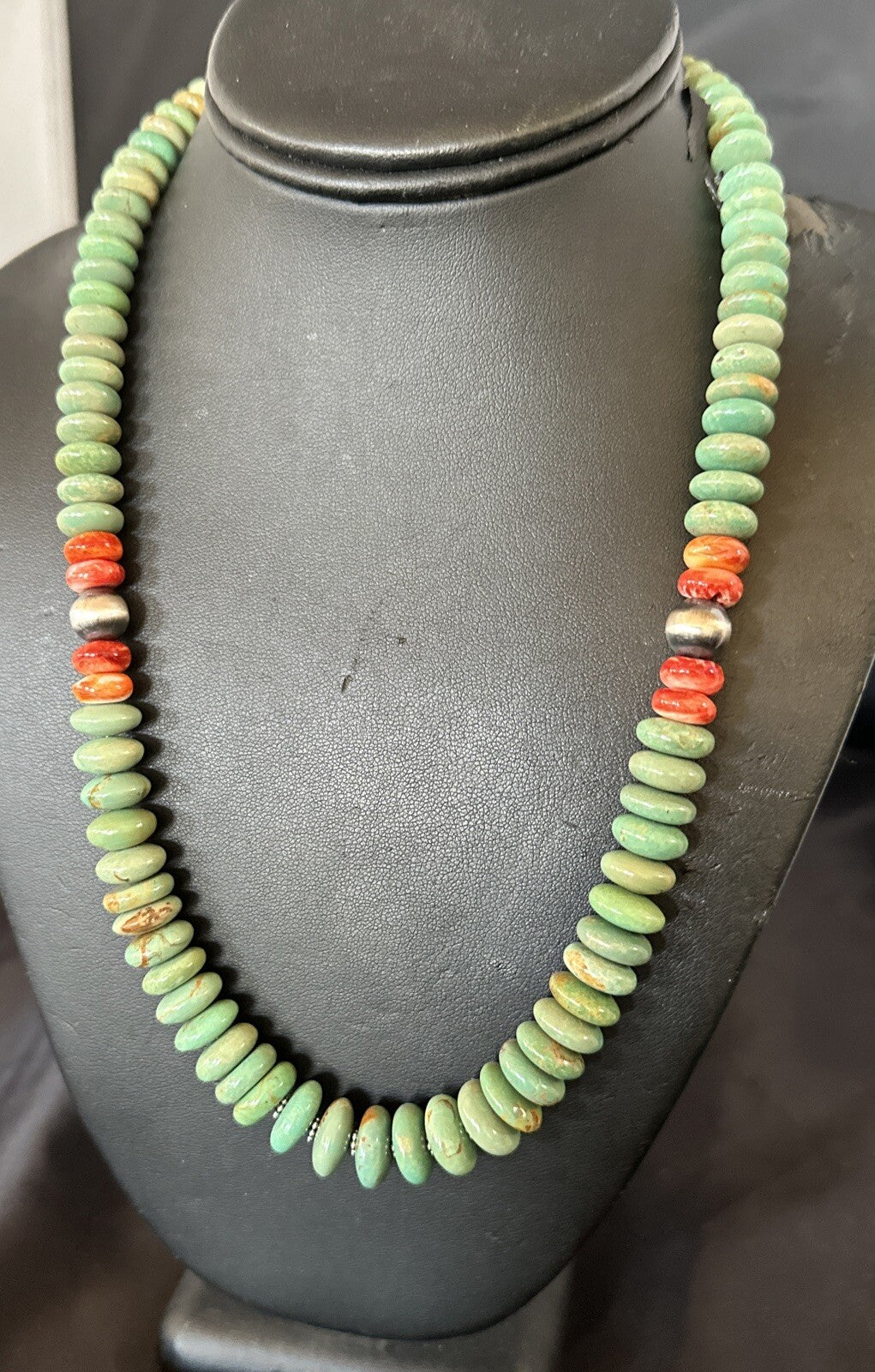 Green Turquoise Spiny Oyster Sterling Silver Beads Necklace 18302
