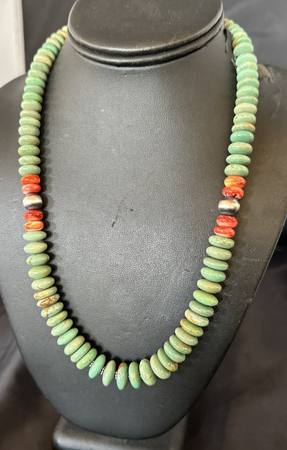 Green Turquoise Spiny Oyster Sterling Silver Beads Necklace 18302