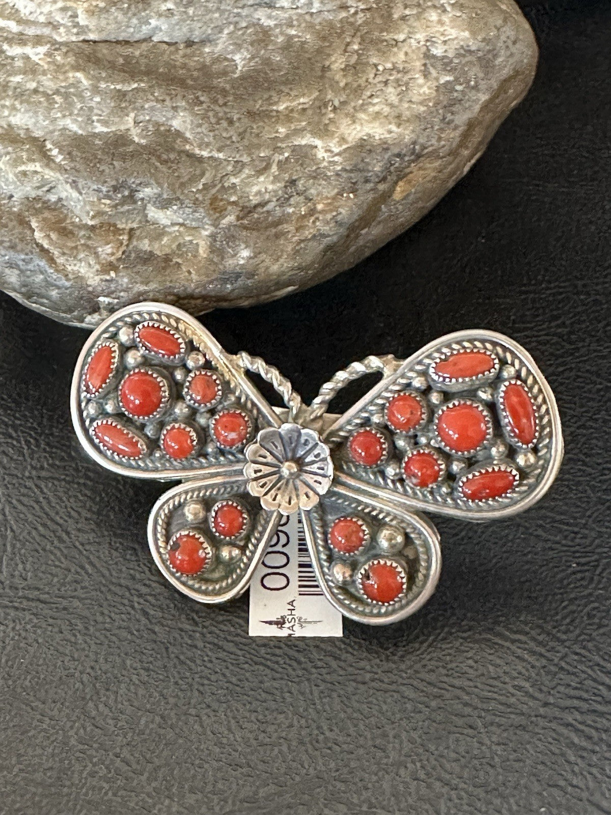 Red Coral Butterfly Sterling Silver Cluster Navajo Ring Size 8 00988