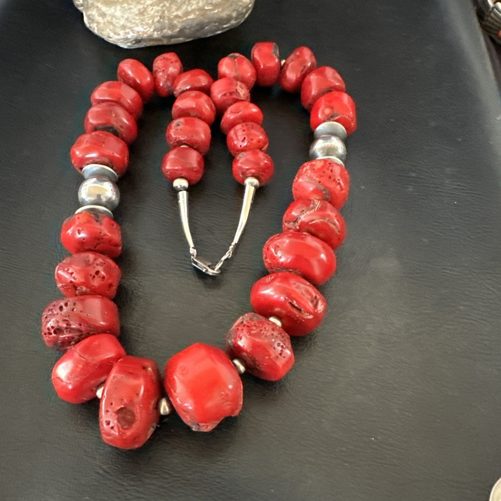 Chunky Navajo Red Bamboo Coral Sterling Silver Bead Necklace 24” Graduated 19531