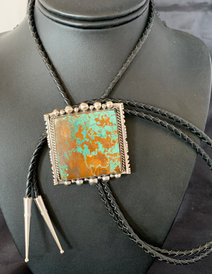Mens Green Royston Turquoise Navajo Sterling Silver Bolo Tie 18897