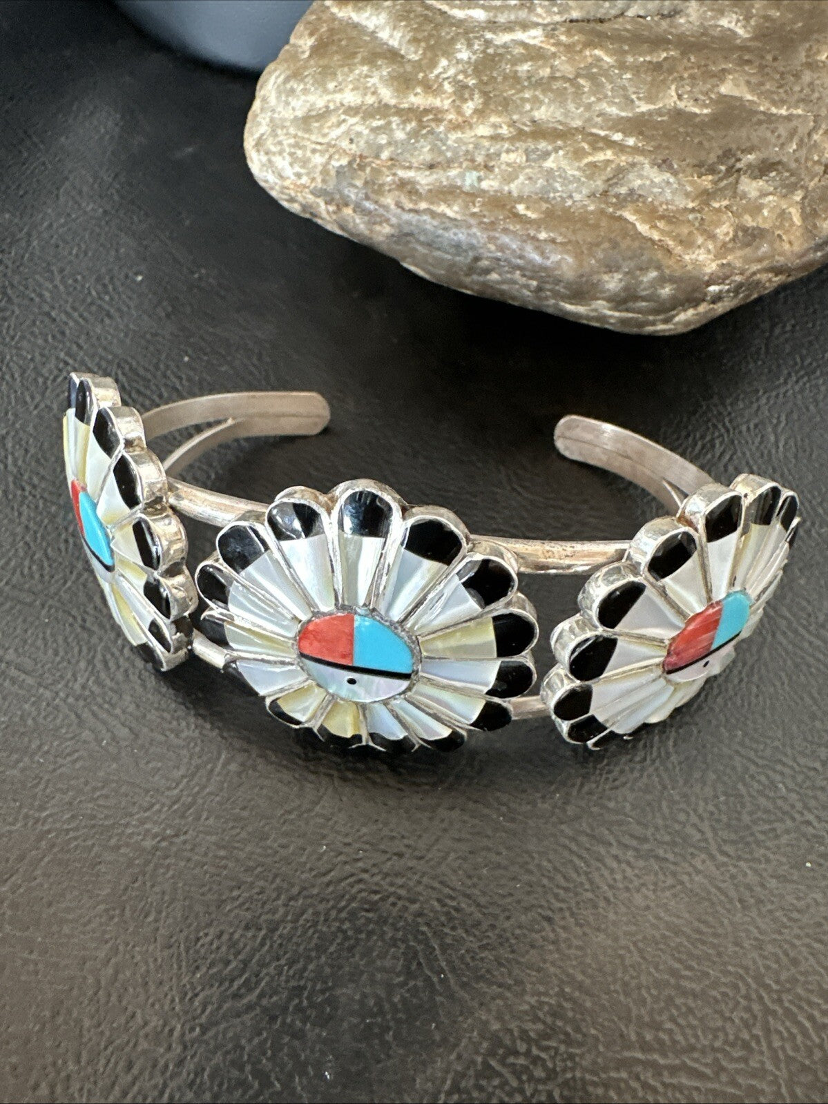 Blue Turquoise Coral MOP Zuni Sterling Silver Inlay Sunface Cuff Bracelet 18872