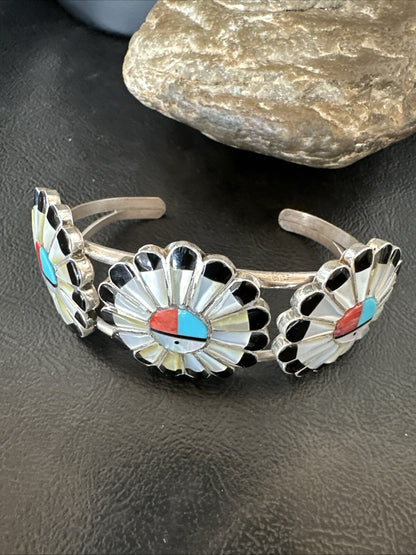 Blue Turquoise Coral MOP Zuni Sterling Silver Inlay Sunface Cuff Bracelet 18872