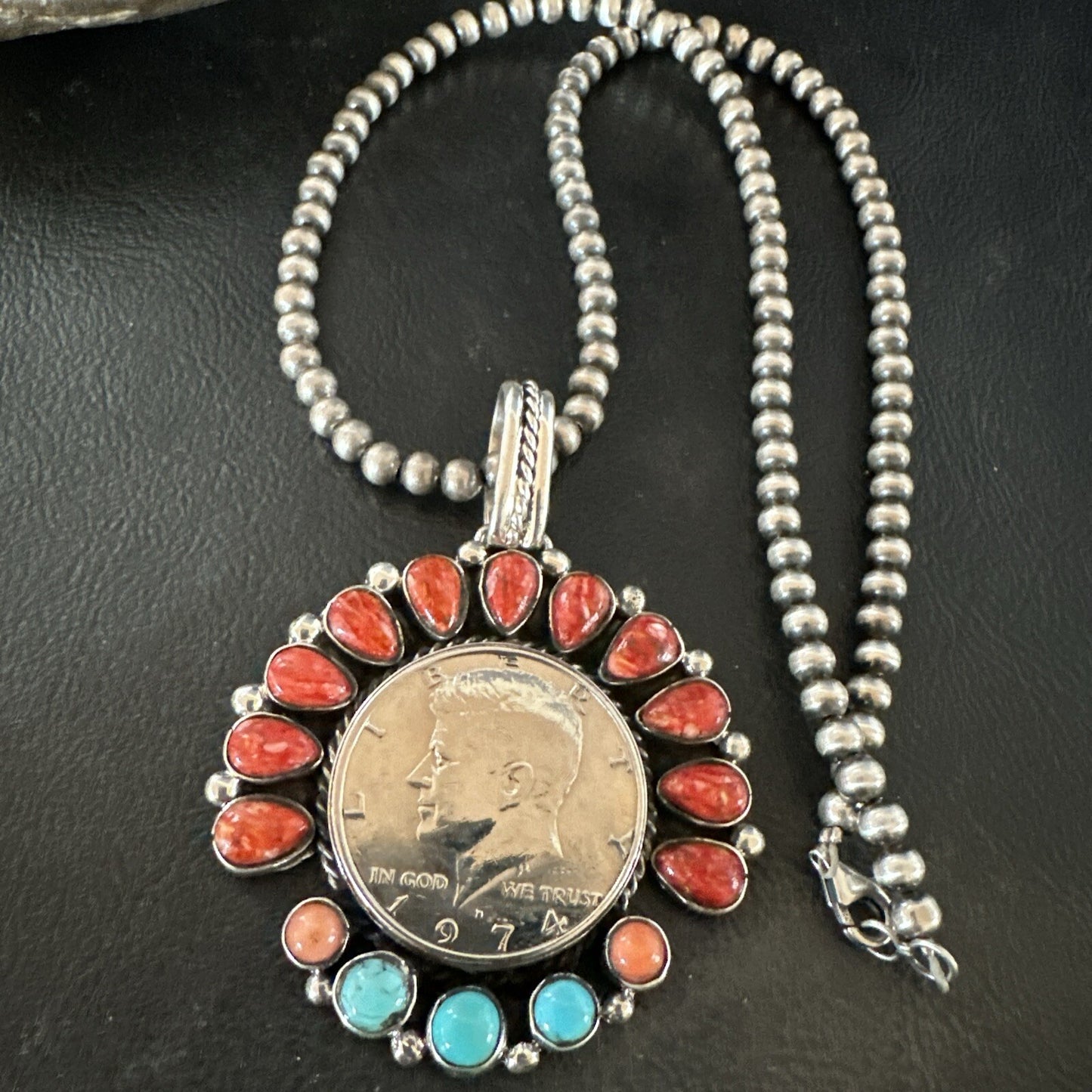Coin Pendant Red Spiny Oyster Turquoise Navajo Sterling Silver Necklace 17924