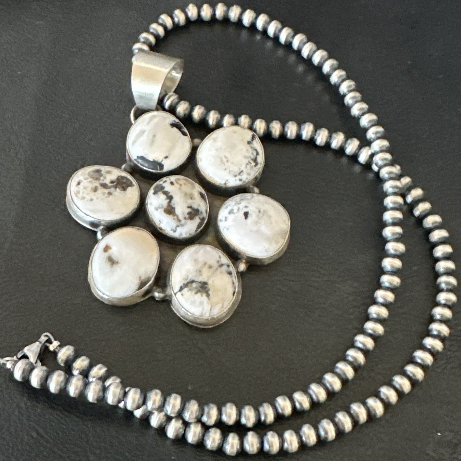 White Buffalo Turquoise Cluster Pendant Navajo Sterling Silver Necklace 19270