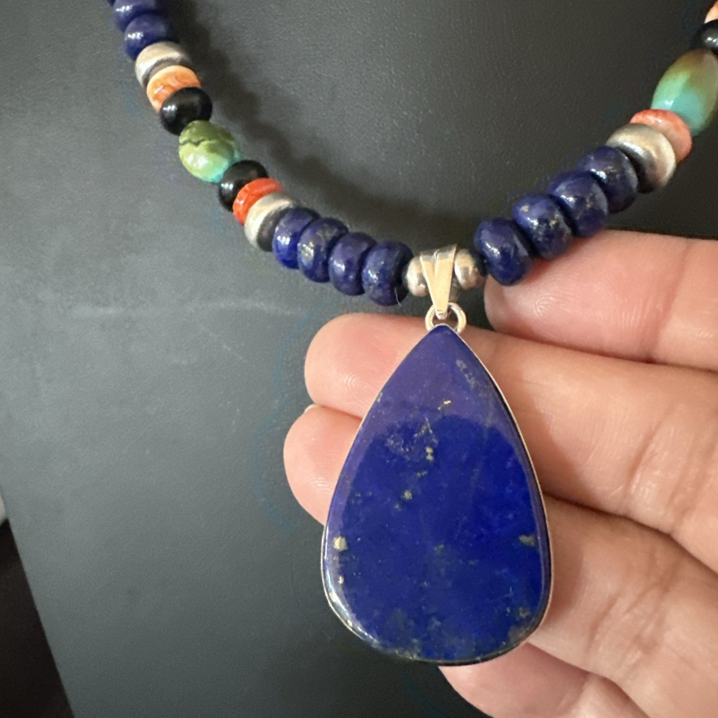 Lapis Turquoise Spiny Necklace Southwestern Sterling Silver Pendant 22” 19470