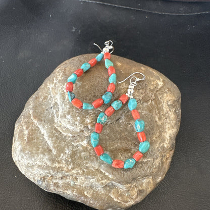 Blue Turquoise Coral Navajo Sterling Silver Earrings 2” 18834