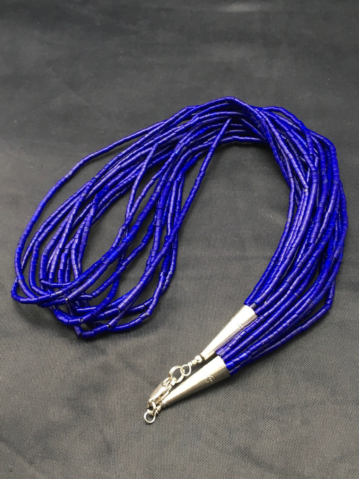 Stabilized Lapis Lazuli 10 Strand Sterling Silver Tube Heishi Necklace 26" 19714