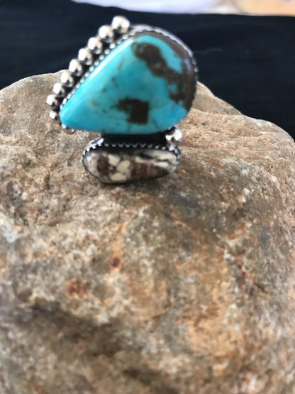 Crazy Horse & Blue Turquoise Navajo Indian Sterling Silver Ring Size 8 14698