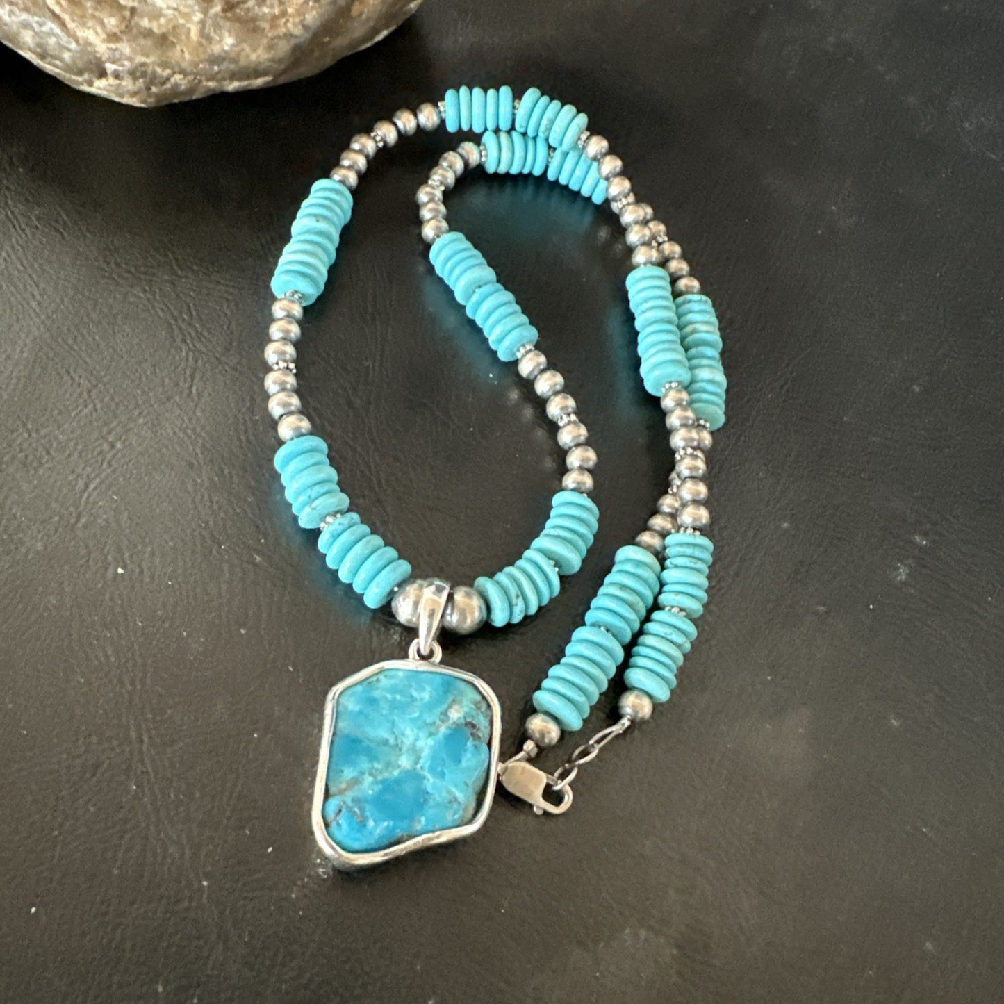 Blue Kingman Turquoise 2 Sided Pendant Navajo Sterling Native Necklace 20" 19516