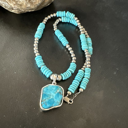Blue Kingman Turquoise 2 Sided Pendant Navajo Sterling Native Necklace 20" 19516