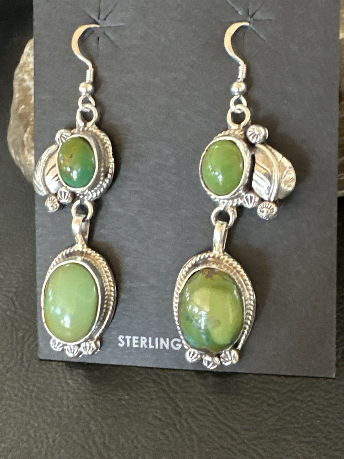 Native Navajo Green Turquoise Sterling Silver Dangle Earrings 2” 17697