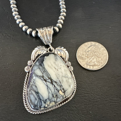 White Buffalo Turquoise Pendant Navajo Pearls Sterling Silver Necklace 19341