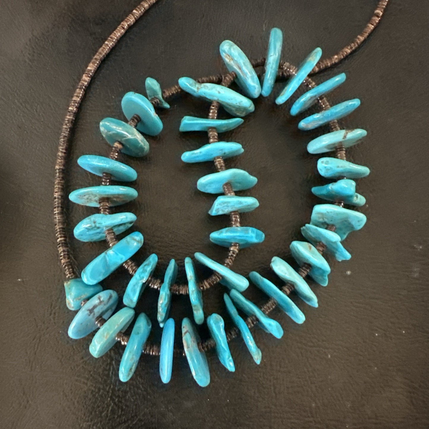 Navajo Kingman Turquoise Shell Heishi Sterling Silver Bead 24” Necklace 19633