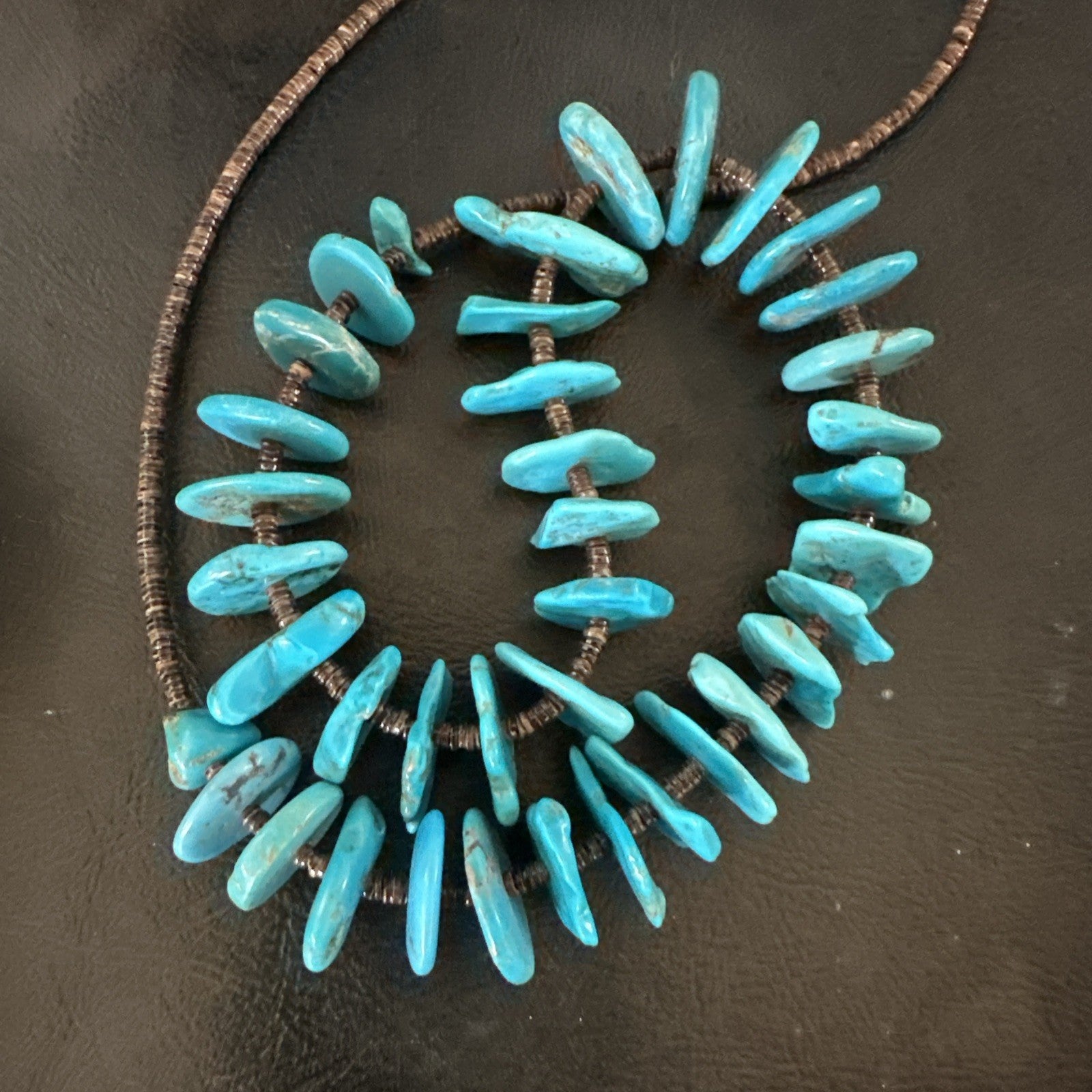 Navajo Kingman Turquoise Shell Heishi Sterling Silver Bead 24” Necklace 19633