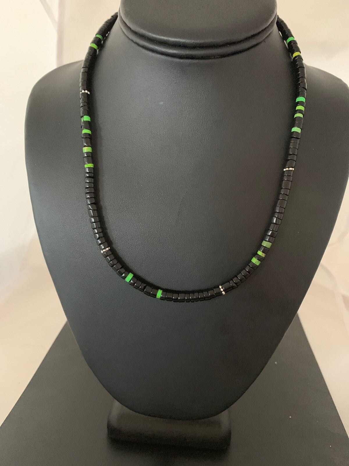 Native Green Turquoise & Onyx Heishi Navajo Sterling Silver Necklace 4687
