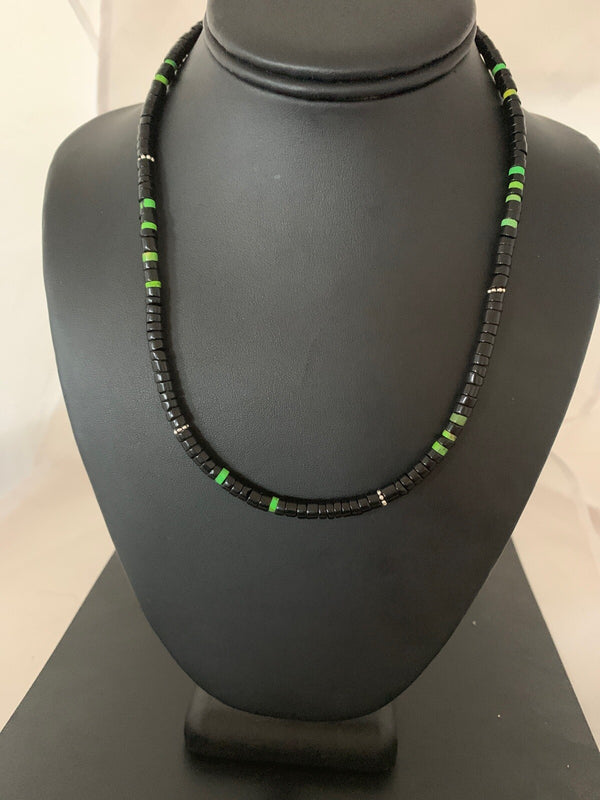 Green Turquoise Onyx Heishi Navajo Necklace | Sterling Silver | Authentic Native American Handmade | 4687