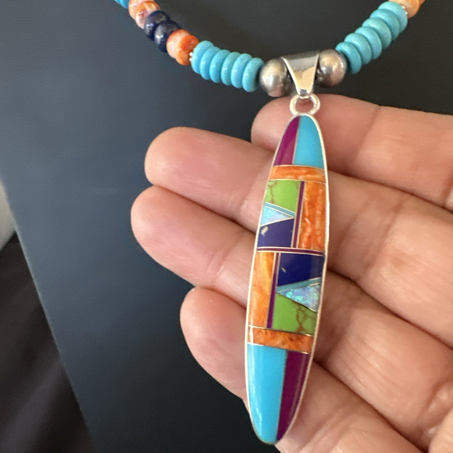 Multicolor Turquoise Spiny Navajo Sterling Silver Inlay Pendant Necklace 19653