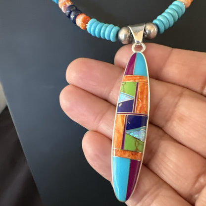 Multicolor Turquoise Spiny Navajo Sterling Silver Inlay Pendant Necklace 19653