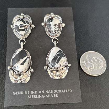 Women Navajo White Buffalo Turquoise Sterling Silver Dangle Earrings 2.5" 14743N