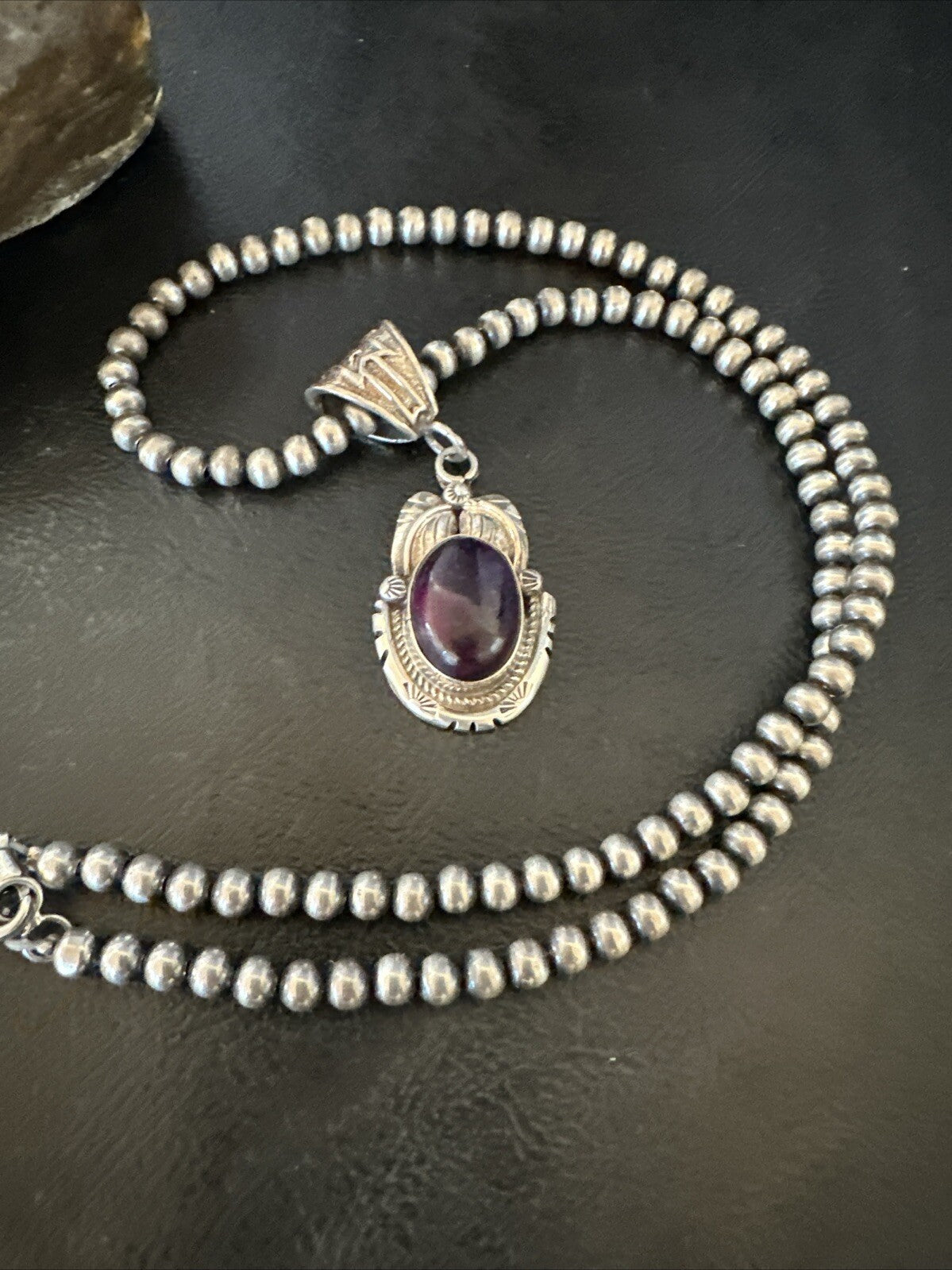 Purple Stone Pendant Navajo Pearls Sterling Silver Necklace 20” 18404