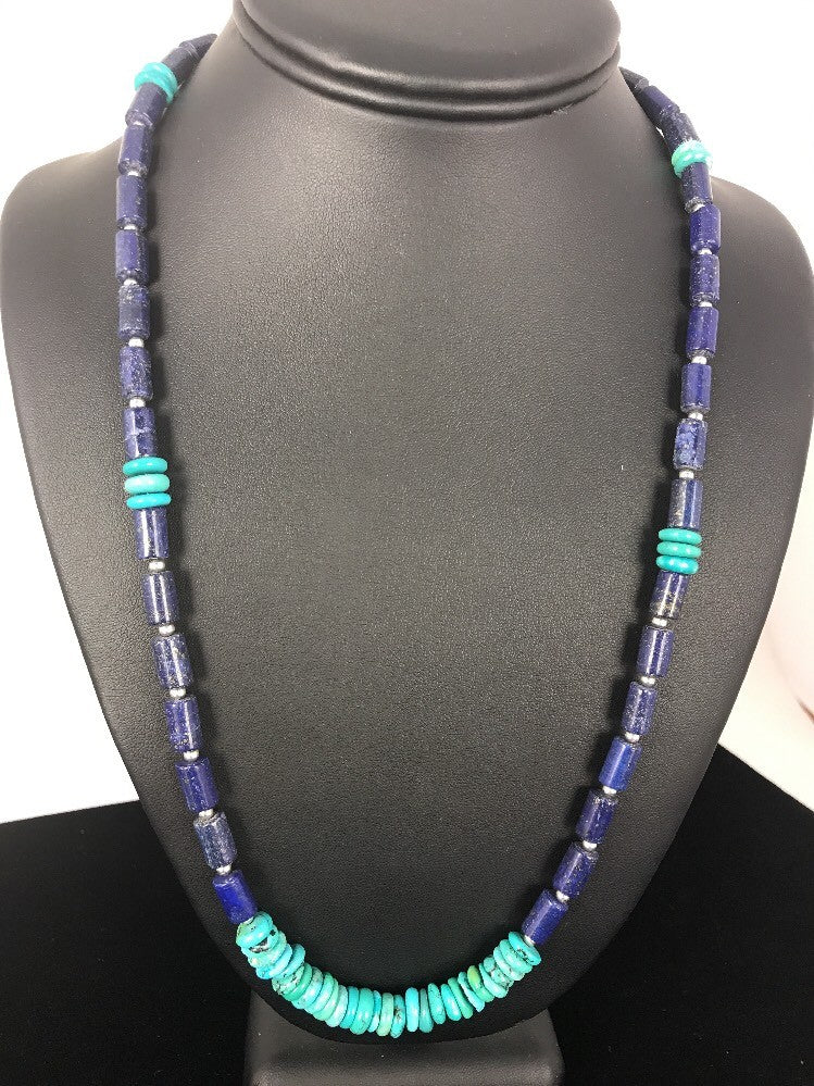Blue Turquoise & Lapis Navajo Pearls Sterling Silver Necklace 23" 3245