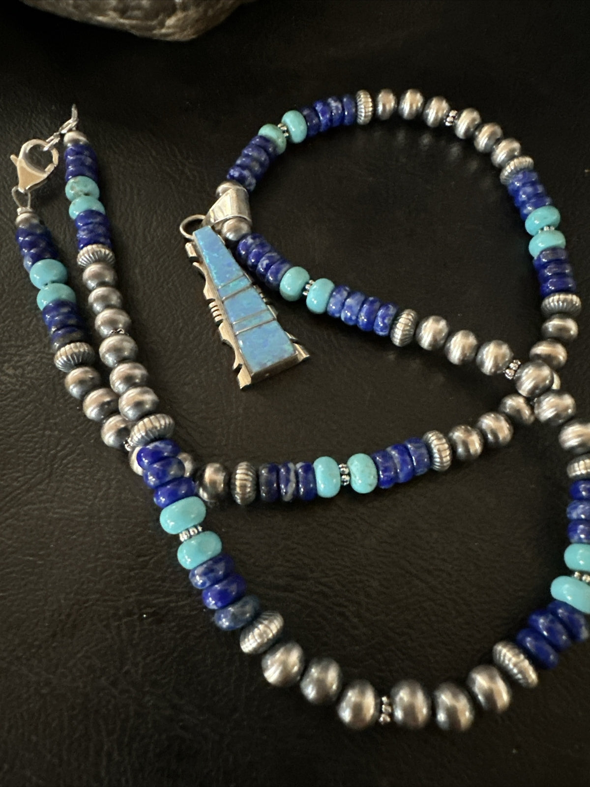 Mens Blue Turquoise Lapis Opal Pendant Navajo Sterling Silver Necklace 20" 17896