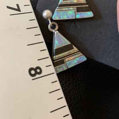 Womens Blue Opal & Black Onyx Inlay Navajo Sterling Silver Earrings 12781