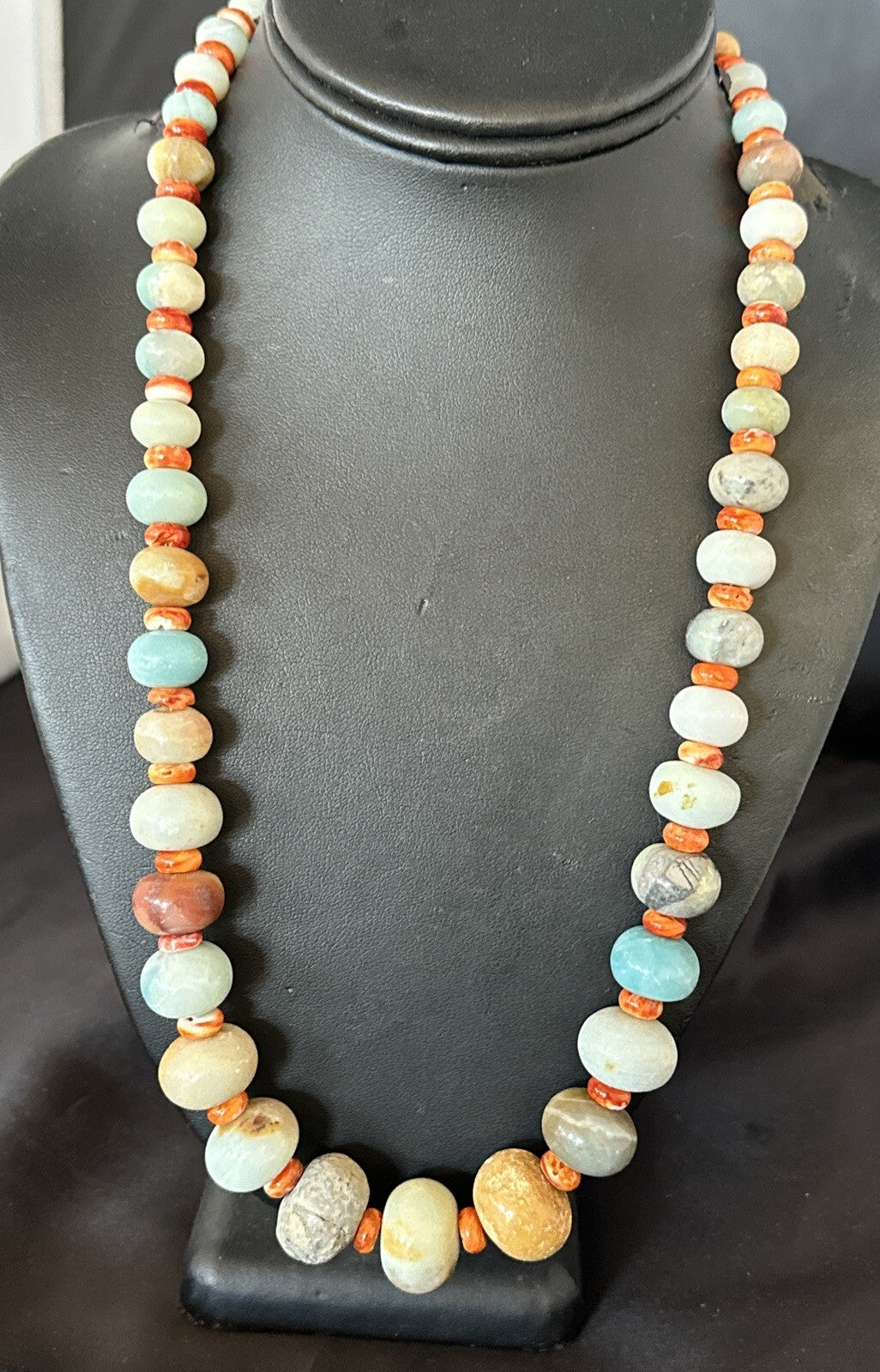 Blue Amazonite Orange Spiny Navajo Sterling Silver Bead Necklace 23” 17831