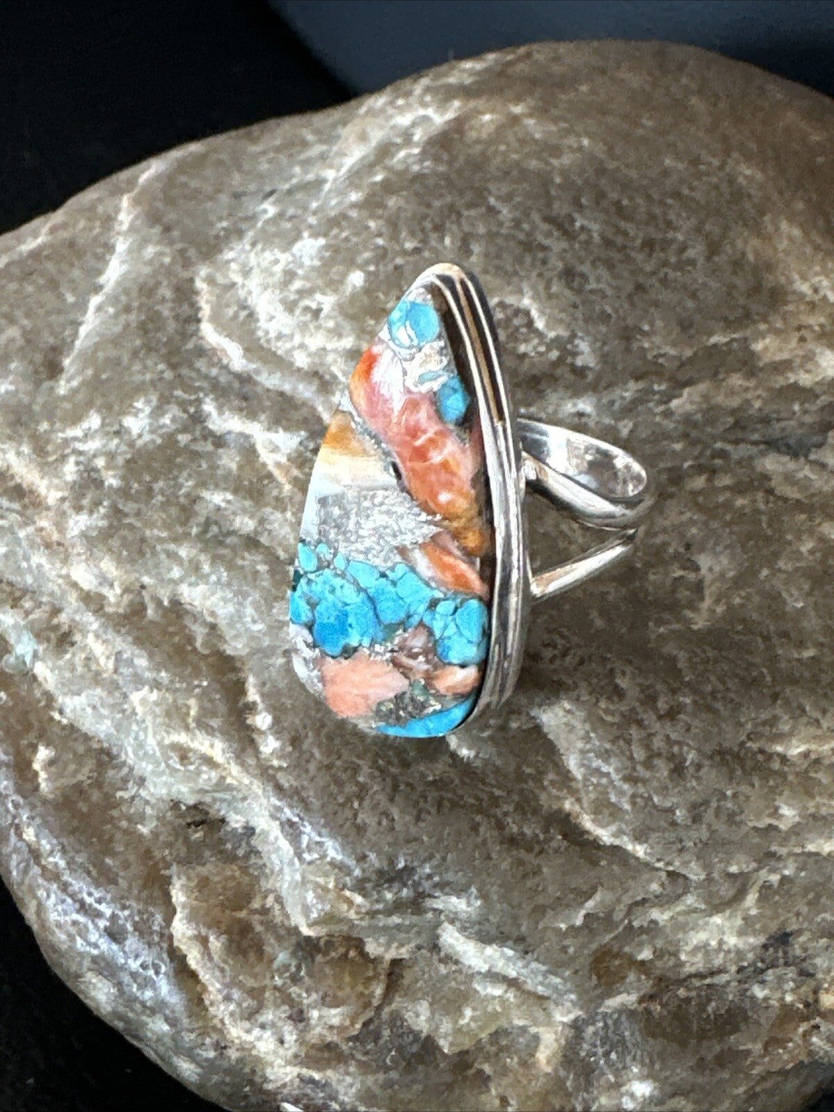 Blue Turquoise Orange Spiny Oyster Navajo Sterling Silver Ring Size 6 18211