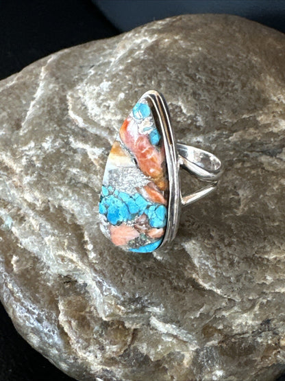 Blue Turquoise Orange Spiny Oyster Navajo Sterling Silver Ring Size 6 18211