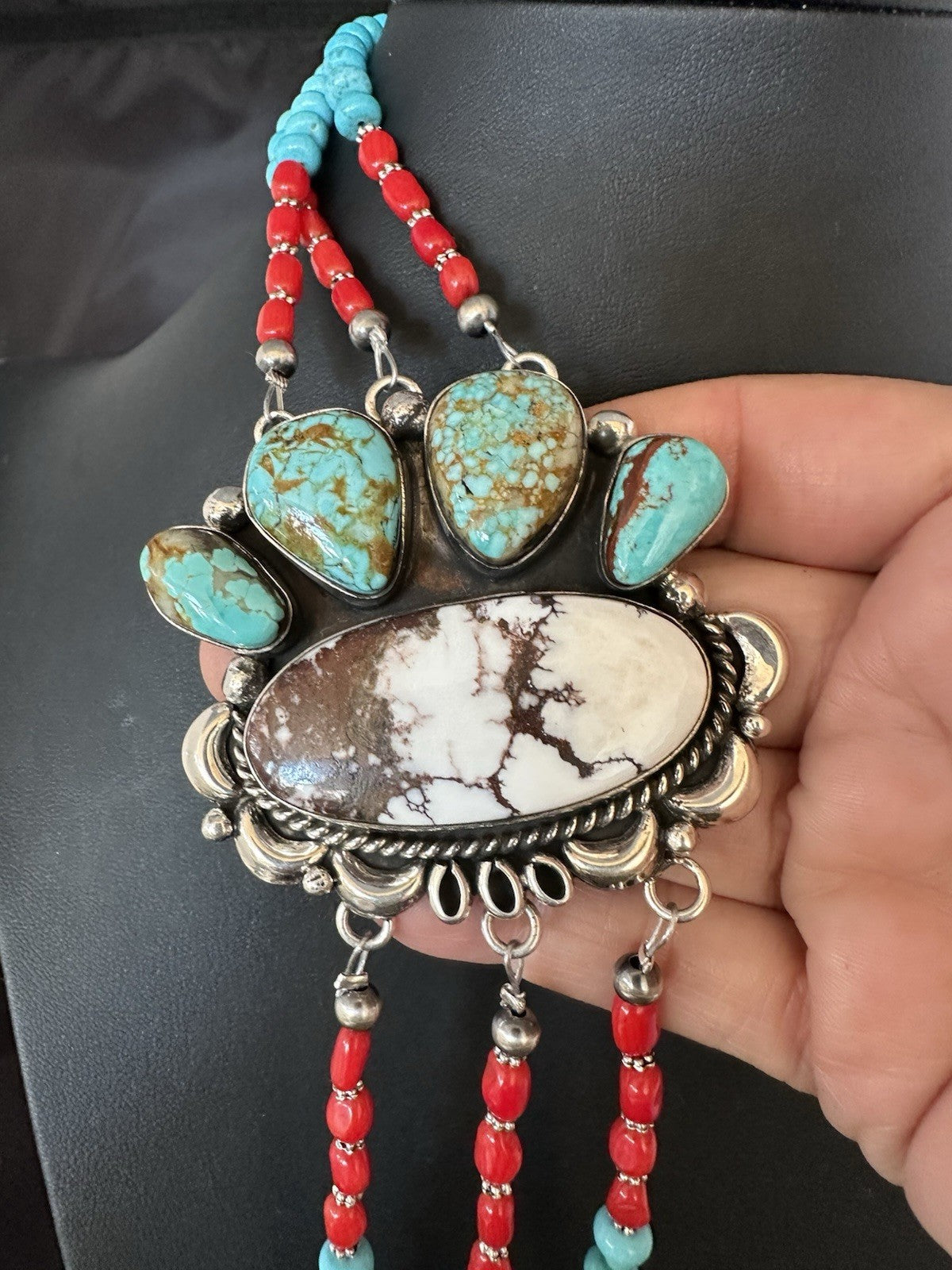 XL Statement Wild Horse Turquoise#8 Navajo 3S Sterling Silver Necklace 34” 19674