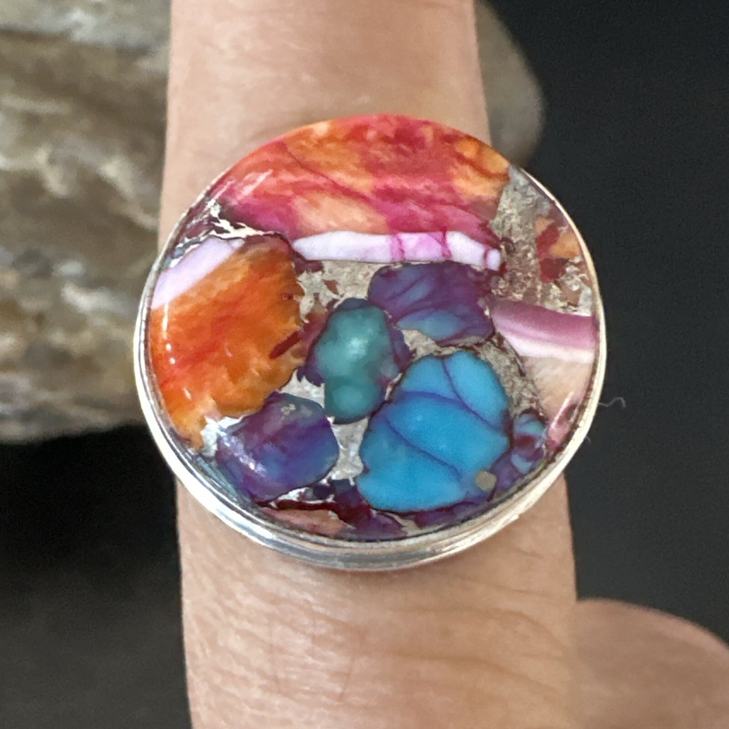 Blue Turquoise Spiny Oyster Navajo Sterling Silver Ring Size 8 18248
