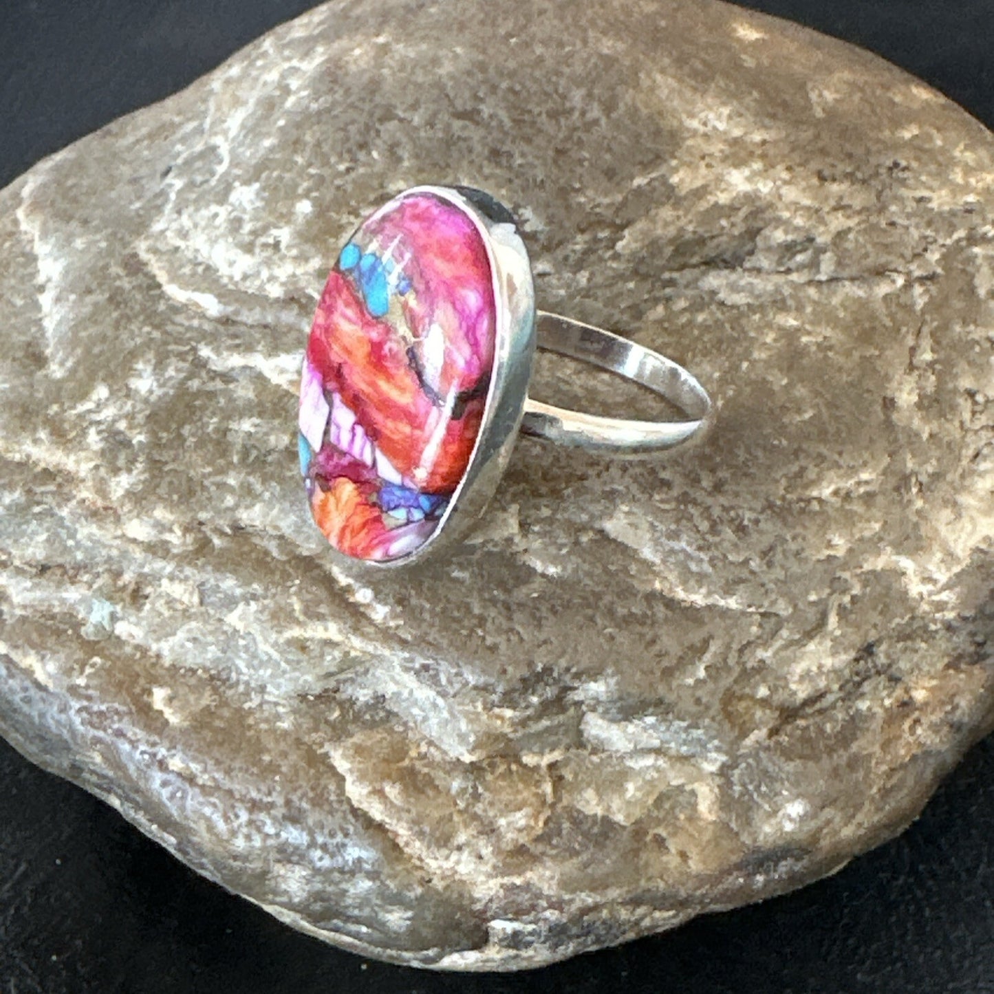 Blue Turquoise Spiny Oyster Southwestern Sterling Silver Ring Size 11 18447