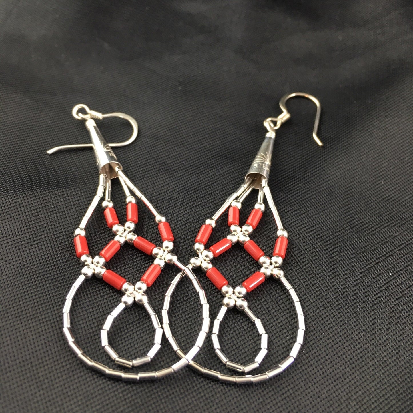 Native Red Coral Tube Heishi Dangle Liquid Sterling Silver Earrings 2" 03104