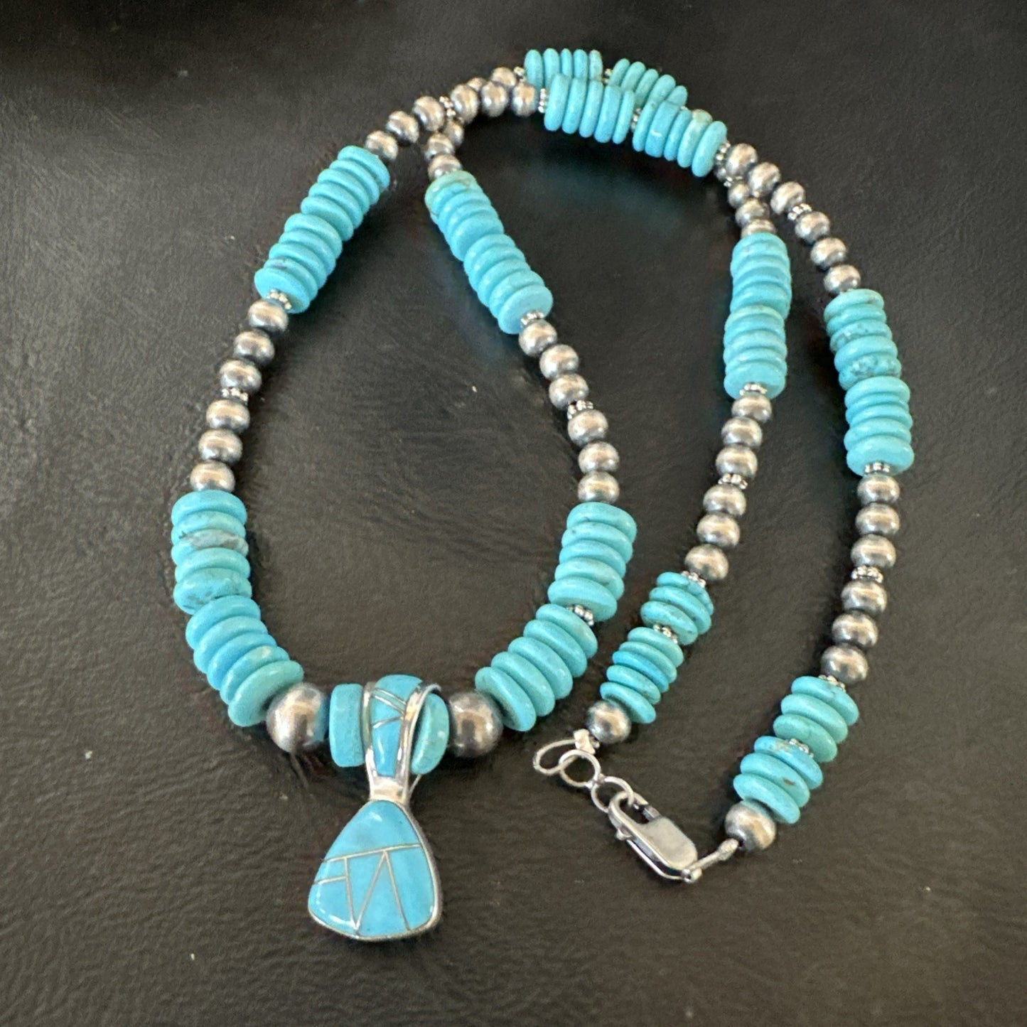 Blue Turquoise Inlay Pendant Navajo Sterling Silver Necklace 19513