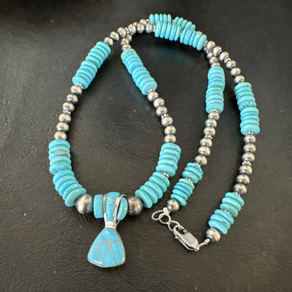 Blue Turquoise Inlay Pendant Navajo Sterling Silver Necklace 19513