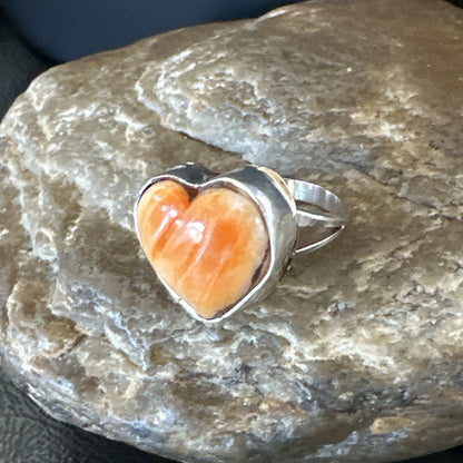 Orange Heart Ring Handmade Navajo Spiny Oyster Sterling Silver Sz 8 19326