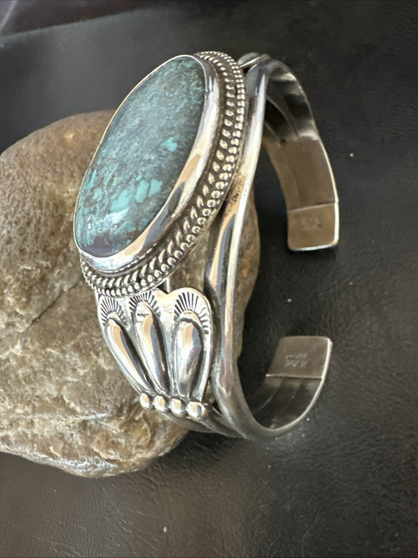 H Joe Blue Spiderweb Turquoise Navajo Cuff Bracelet 8.2" | Sterling Silver | Authentic Native American Handmade | 19424